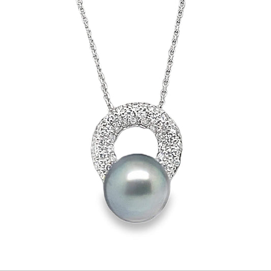 14K WHITE GOLD TAHITIAN PEARL CENTER .65 CT TW ROUND BRILLIANT DIAMOND ACCENT  PENDANT WITH CHAIN