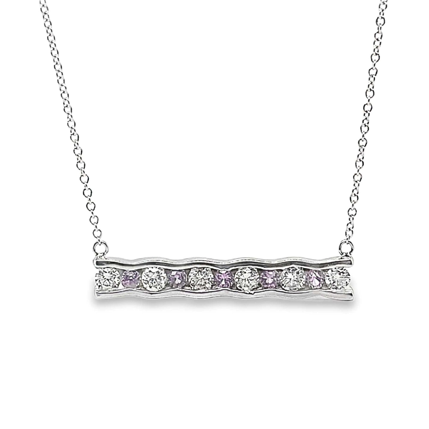 14K WHITE GOLD .55 CT TW NATURAL ROUND BRILLIANT DIAMOND .30 CT TW NATURAL ROUND BRILLIANT PINK SAPPHIRE BAR STYLE NECKLACE