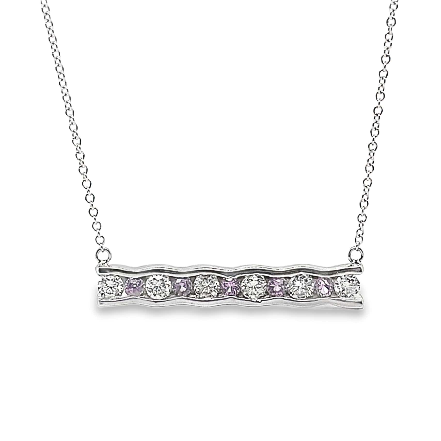 14K WHITE GOLD .55 CT TW NATURAL ROUND BRILLIANT DIAMOND .30 CT TW NATURAL ROUND BRILLIANT PINK SAPPHIRE BAR STYLE NECKLACE