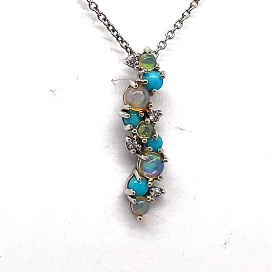 14K WHITE GOLD ETHIOPIAN OPAL NATURAL DIAMOND TURQUOISE PENDANT WITH CHAIN
