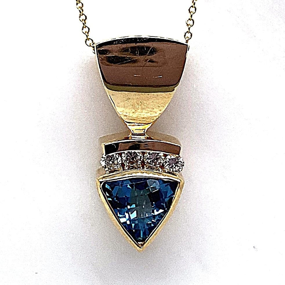 14K YELLOW GOLD 1/4 CT TW BLUE TOPAZ BEZEL TRILLION SLIDE