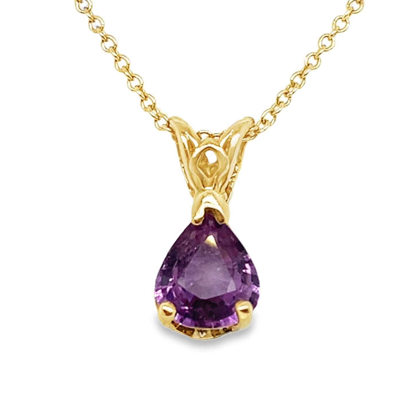 14K YELLOW GOLD 1.15 CT PEAR SHAPE NATURAL PURPLE SAPPHIRE AA QUALITY SOLITAIRE PENDANT WITH CHAIN