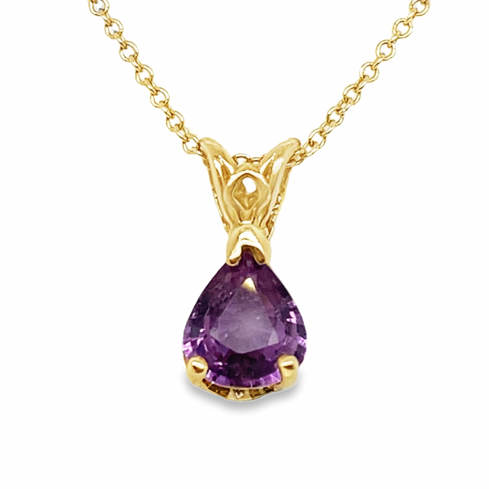 14K YELLOW GOLD 1.15 CT PEAR SHAPE NATURAL PURPLE SAPPHIRE AA QUALITY SOLITAIRE PENDANT WITH CHAIN