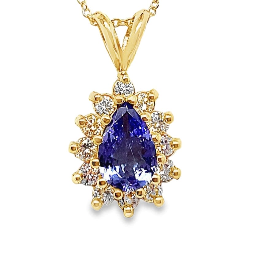 14K YELLOW GOLD 1.50 CT TW PEAR SHAPE TANZANITE CENTER .75CT TW NATURAL ROUND BRILLIANT DIAMOND PENDANT WITH CHAIN