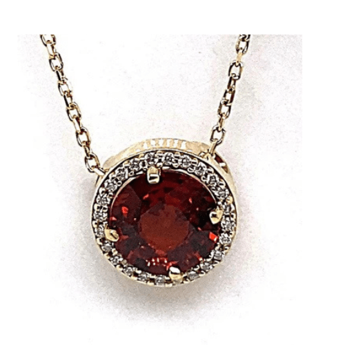 14K YELLOW GOLD 1.70 CT ROUND BRILLIANT MANDARIN GARNET CENTER .06 CT TW NATURAL ROUND BRILLIANT DIAMOND ACCENT HALO STYLE PENDANT WITH CHAIN