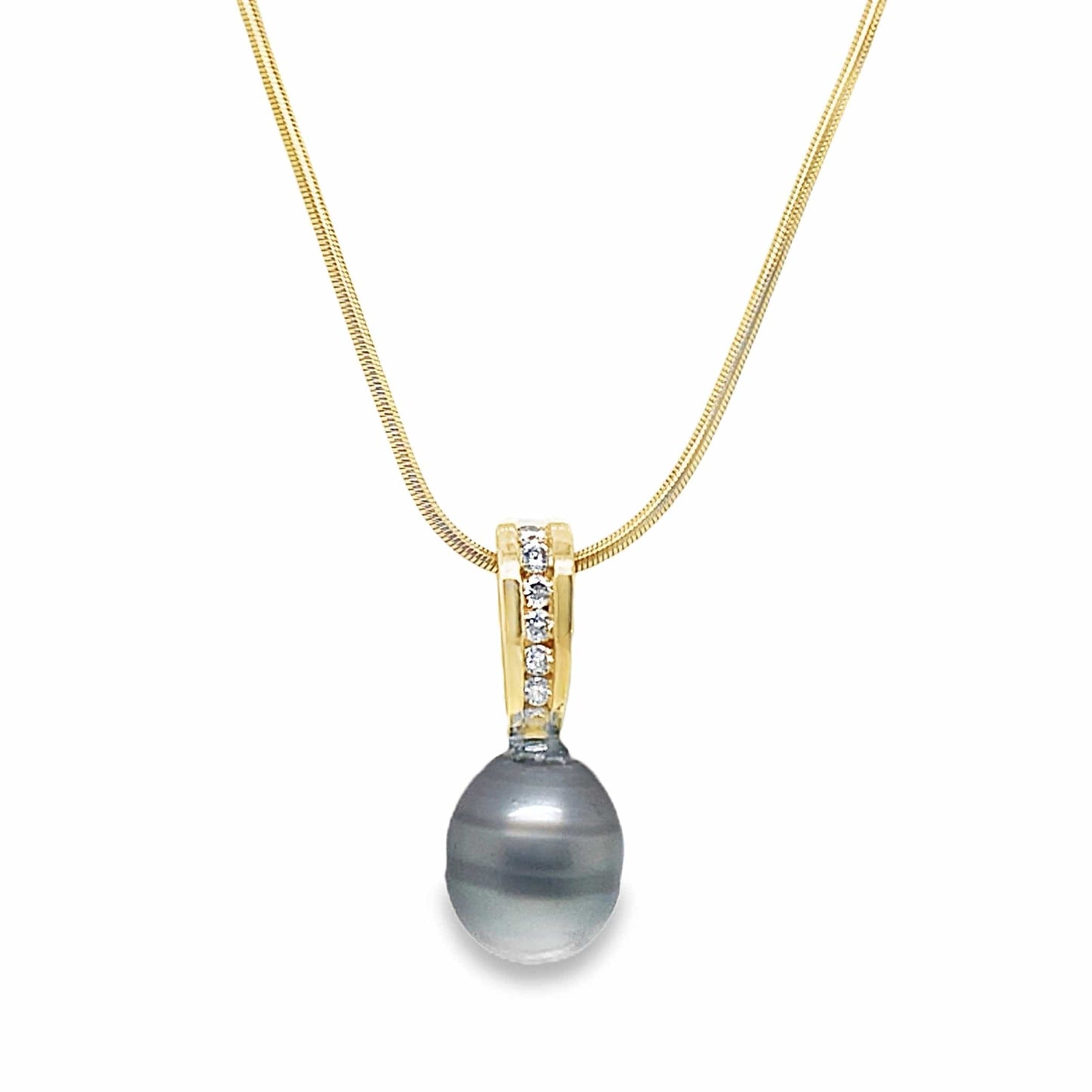 14K YELLOW GOLD TAHITIAN PEARL CENTER .35CT TW NATURAL ROUND BRILLIANT DIAMOND ACCENT SLIDE NECKLACE