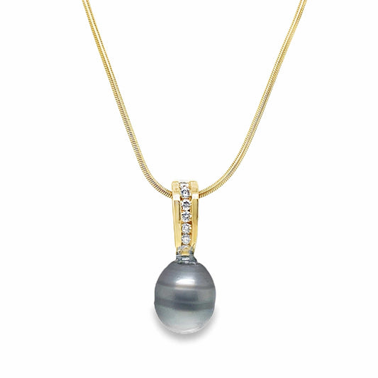 14K YELLOW GOLD TAHITIAN PEARL CENTER .35CT TW NATURAL ROUND BRILLIANT DIAMOND ACCENT SLIDE NECKLACE