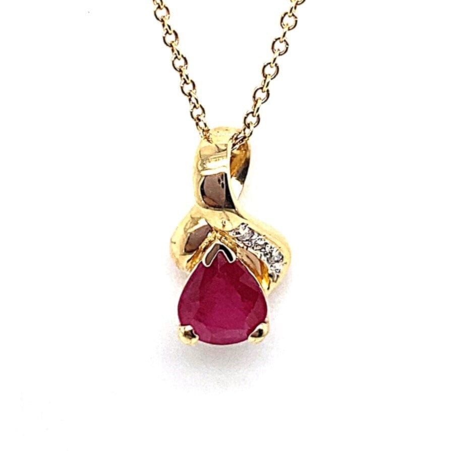 14K YELLOW GOLD 1/3 CT NATURAL PEAR SHAPE RUBY CENTER .03CT TW NATURAL ROUND BRILLIANT DIAMOND ACCENT PENDANT WITH CHAIN