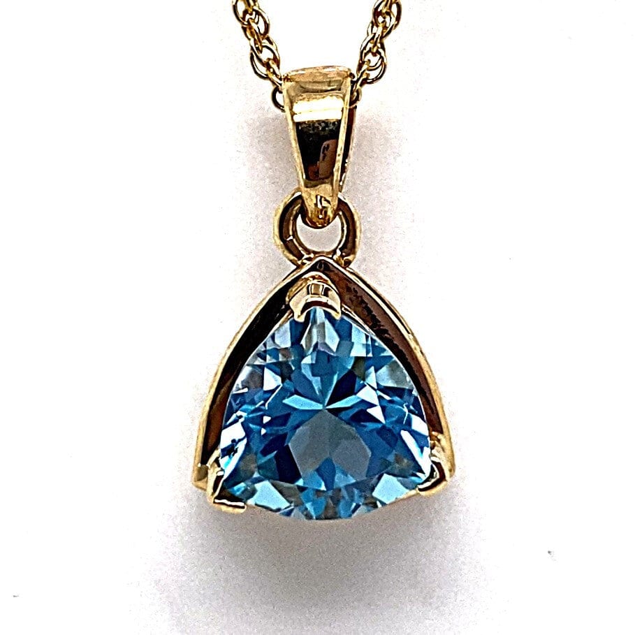 14K YELLOW GOLD 9.5 MM TRILLION BLUE TOPAZ PENDANT WITH CHAIN