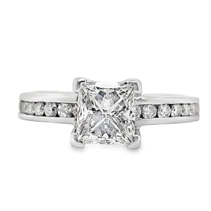14K WHITE GOLD 1.00 CT PRINCESS CUT G/I1 NATURAL DIAMOND CENTER (CHIPPED NON-CERT) 0.35 CTW NATURAL DIAMOND ACCENTS