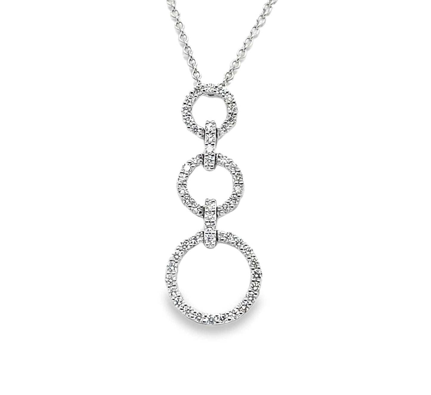 18K WHITE GOLD DIAMOND PENDANT NECKLACE - .37 CT THREE CIRCLE DESIGN