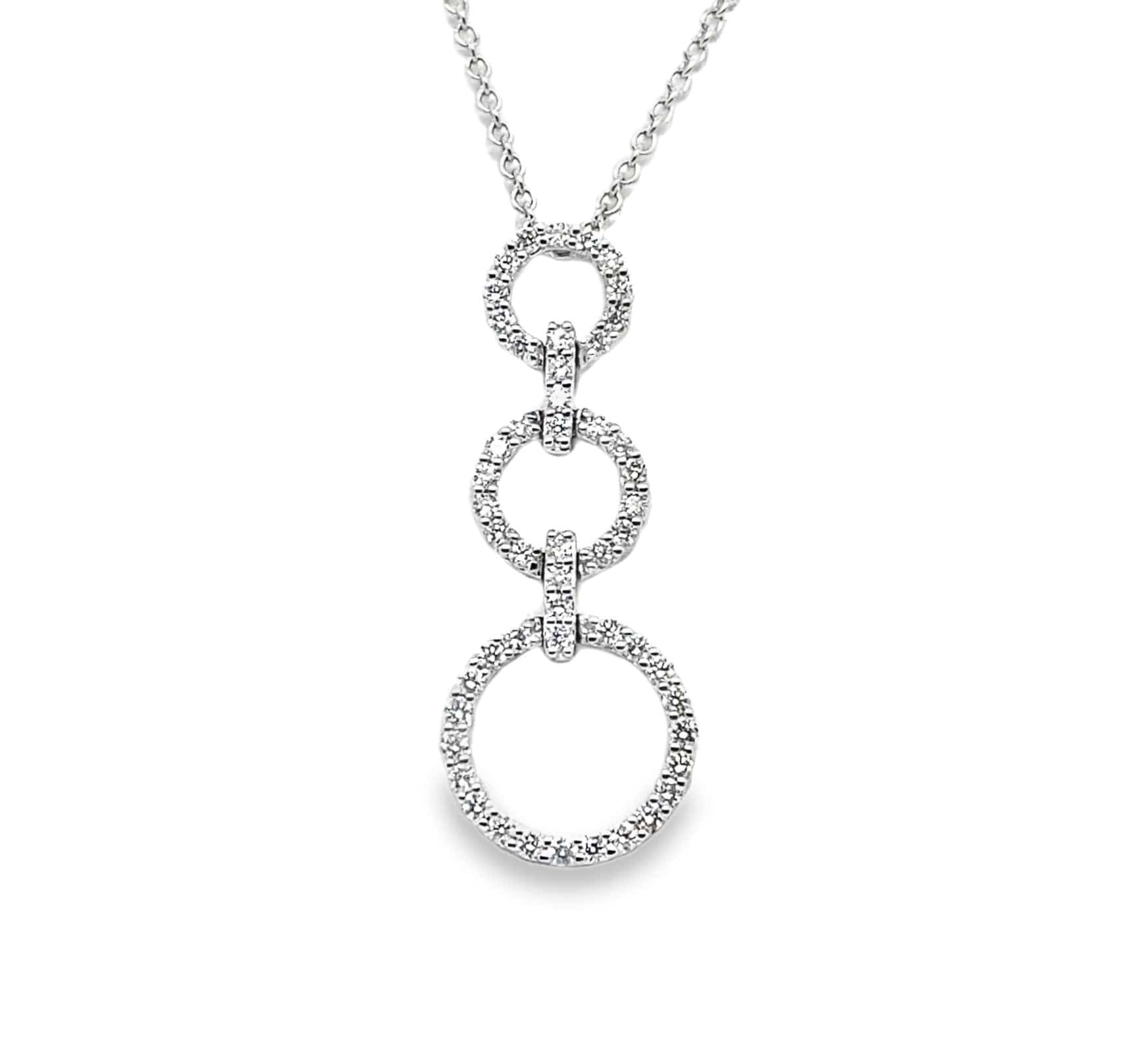 18K WHITE GOLD DIAMOND PENDANT NECKLACE - .37 CT THREE CIRCLE DESIGN