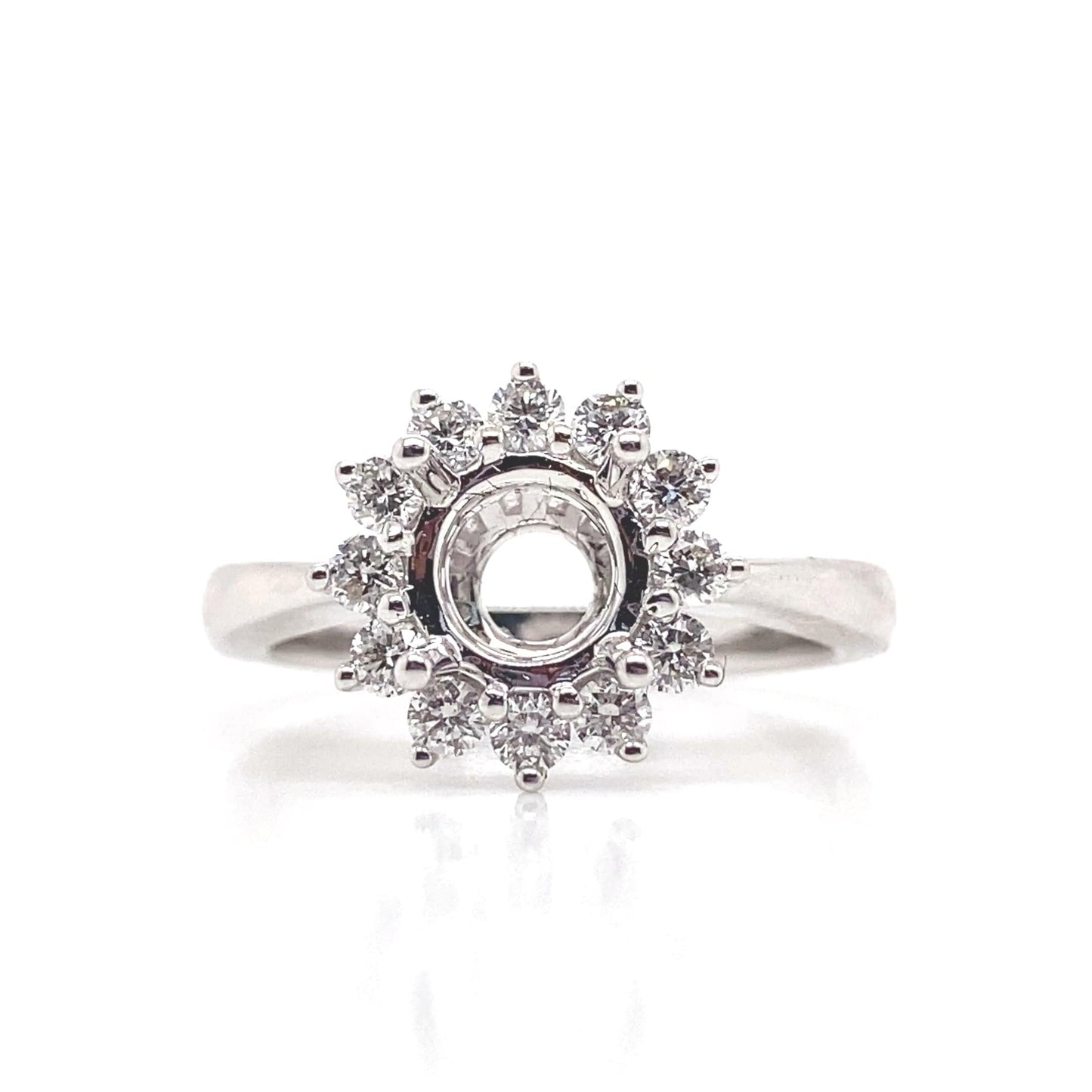 18K WHITE GOLD NO CENTER (6.5MM RBC) .45CT TW NATURAL ROUND BRILLIANT DIAMOND ACCENT F/VS FLOWER HALO WITH PLAIN SHANK STYLE MOUNTING