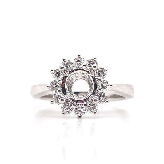 18K WHITE GOLD NO CENTER (6.5MM RBC) .45CT TW NATURAL ROUND BRILLIANT DIAMOND ACCENT F/VS FLOWER HALO WITH PLAIN SHANK STYLE MOUNTING