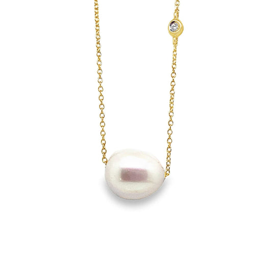 14K YELLOW GOLD 9-10 MM FRESHWATER PEARL DIAMOND NECKLACE