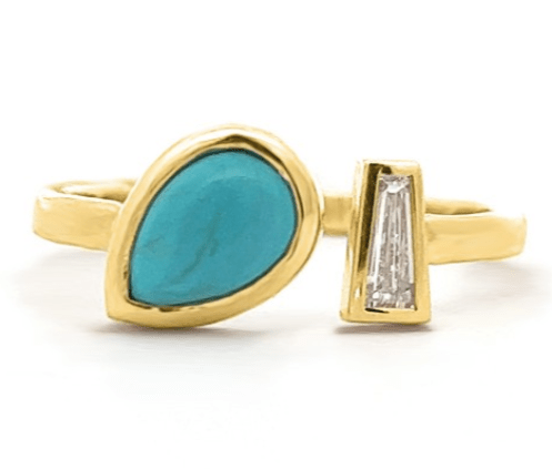 14K YELLOW GOLD .13CT BAGUETTE G-H/SI NATURAL DIAMOND .73CT TURQUOISE PEAR GAP STYLE RING