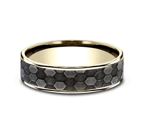 14K YELLOW GOLD & GREY TANTALUM MEN'S BAND HONEYCOMB PATTERN 6.5MM COMFORT-FIT SIZE 10