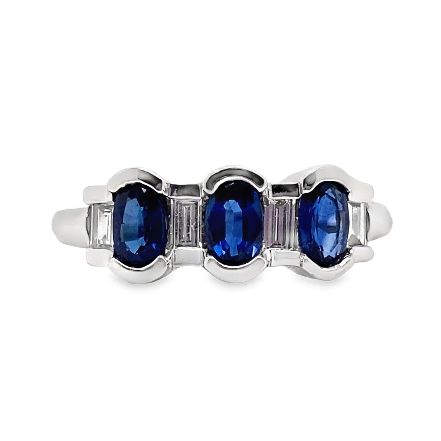14K WHITE GOLD 1.04 CT TW NATURAL BLUE SAPPHIRE .23 CT TW NATURAL BAGUETTE DIAMOND ACCENT FASHION RING