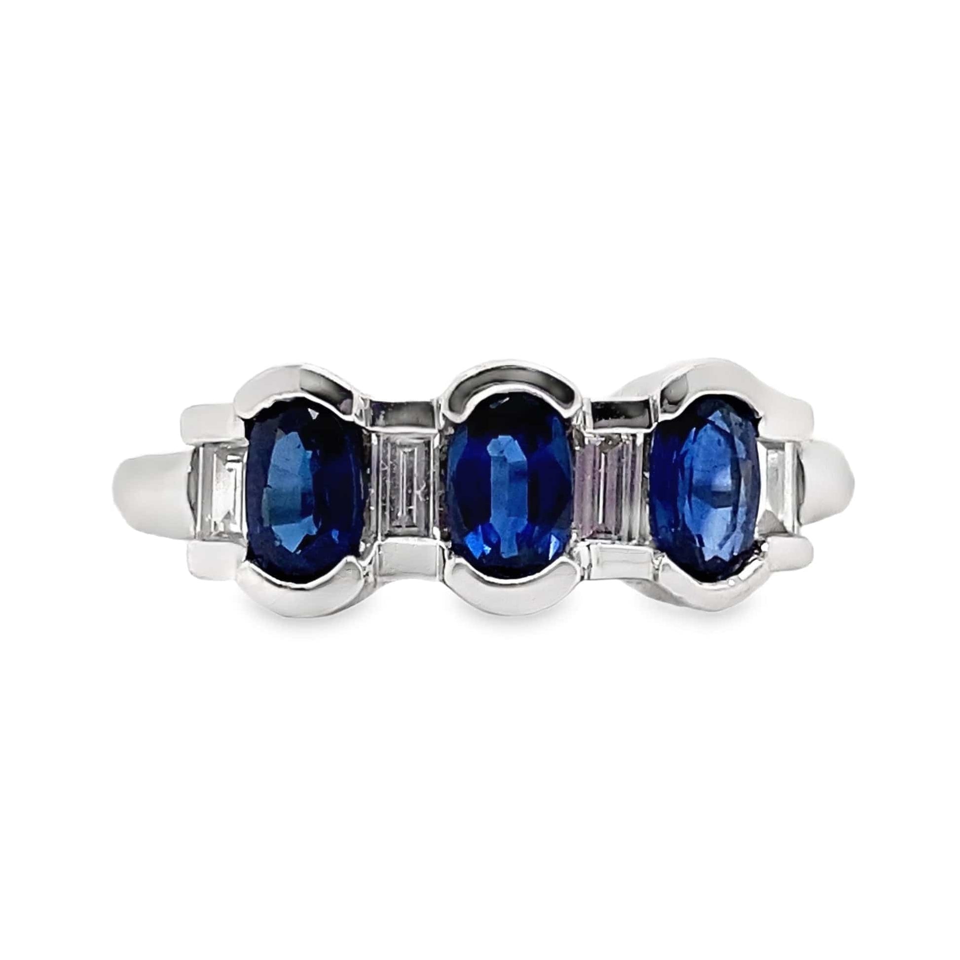14K WHITE GOLD 1.04 CT TW NATURAL BLUE SAPPHIRE .23 CT TW NATURAL BAGUETTE DIAMOND ACCENT FASHION RING