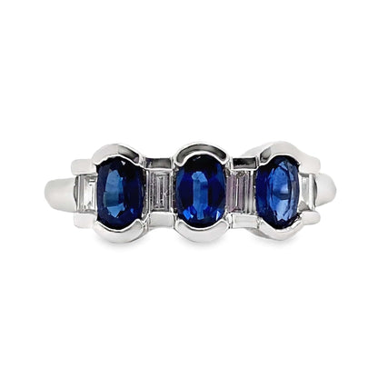 14K WHITE GOLD 1.04 CT TW NATURAL BLUE SAPPHIRE .23 CT TW NATURAL BAGUETTE DIAMOND ACCENT FASHION RING