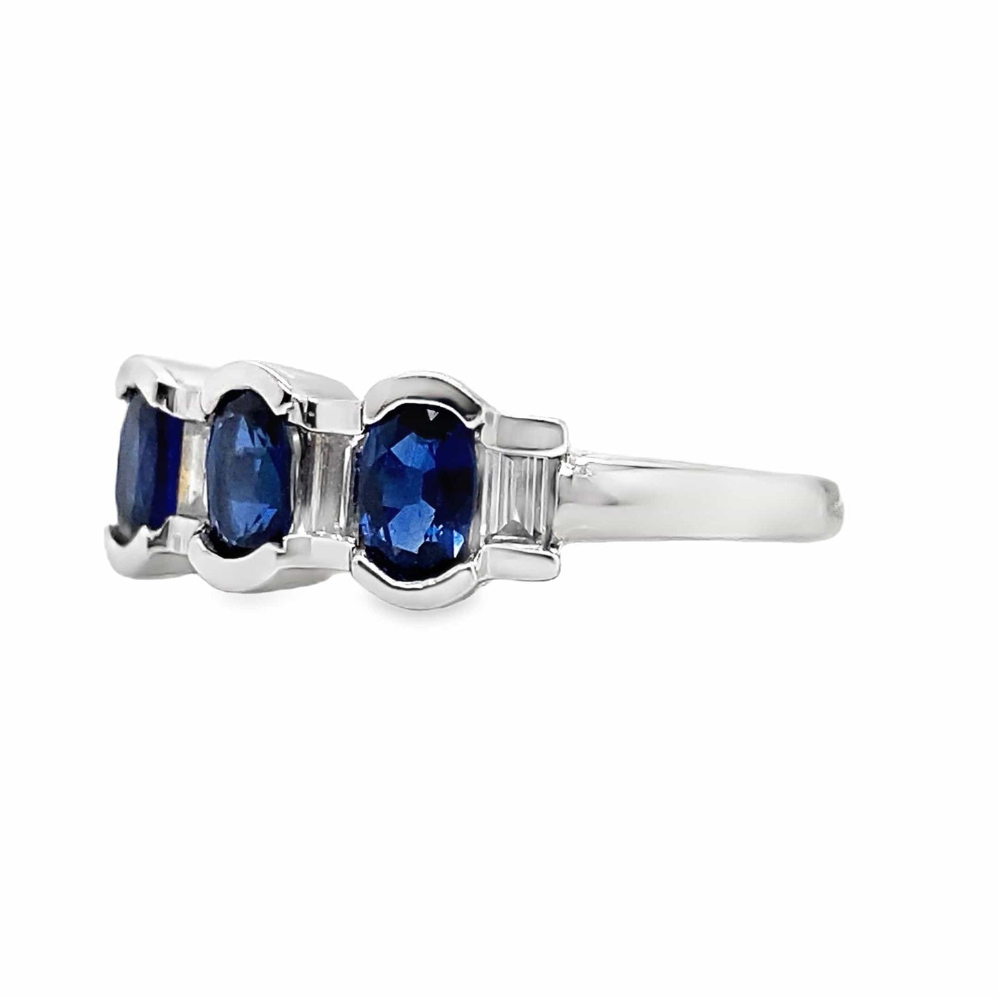 14K WHITE GOLD 1.04 CT TW NATURAL BLUE SAPPHIRE .23 CT TW NATURAL BAGUETTE DIAMOND ACCENT FASHION RING