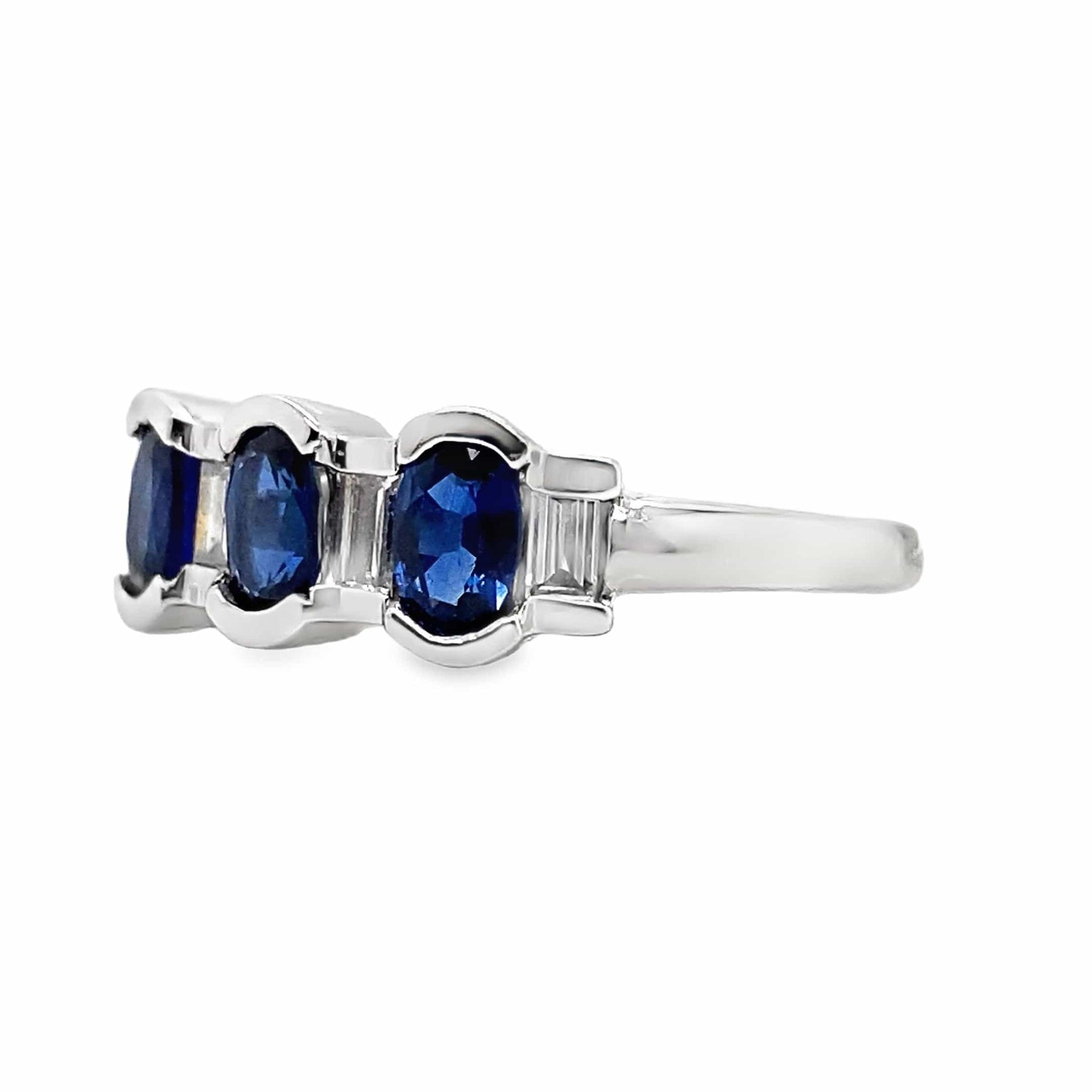 14K WHITE GOLD 1.04 CT TW NATURAL BLUE SAPPHIRE .23 CT TW NATURAL BAGUETTE DIAMOND ACCENT FASHION RING