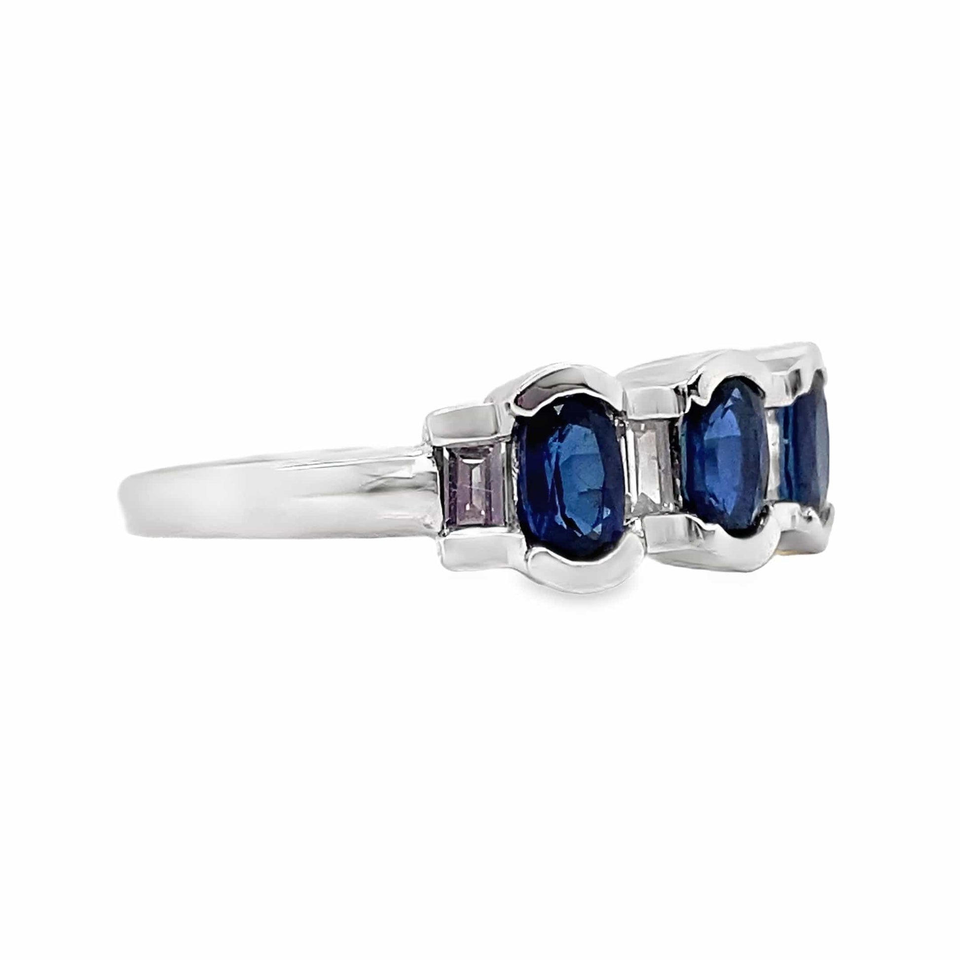 14K WHITE GOLD 1.04 CT TW NATURAL BLUE SAPPHIRE .23 CT TW NATURAL BAGUETTE DIAMOND ACCENT FASHION RING