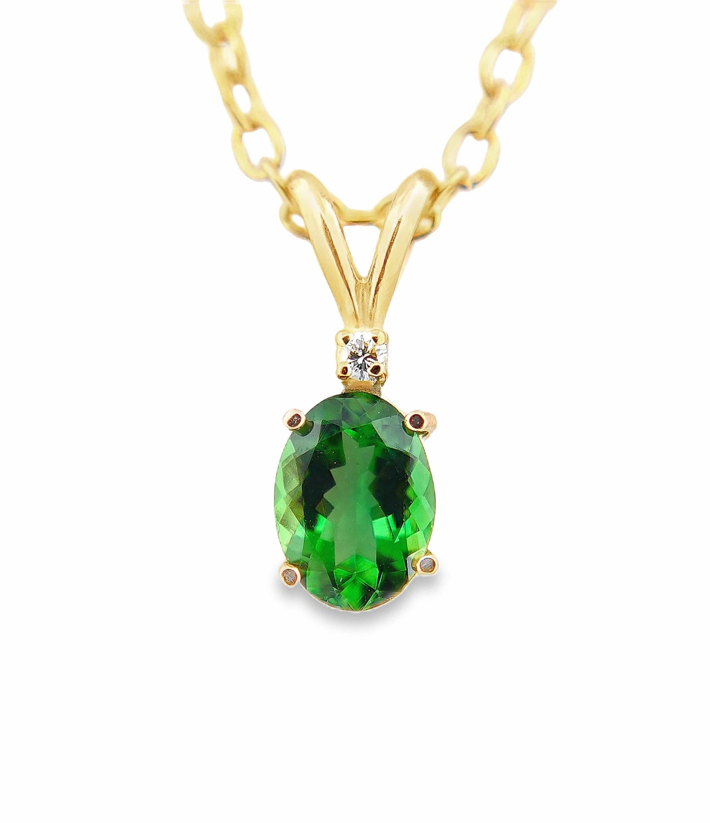 14KY 1CT OVAL TSAVORITE GARNET .03CT DIAMOND PENDANT