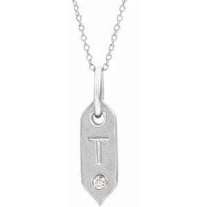 14K WHITE .05 CT NATURAL DIAMOND INITIAL T 16-18" NECKLACE