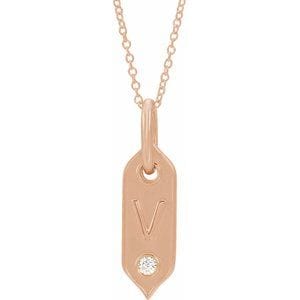 14K ROSE .05 CT NATURAL DIAMOND INITIAL V 16-18" NECKLACE