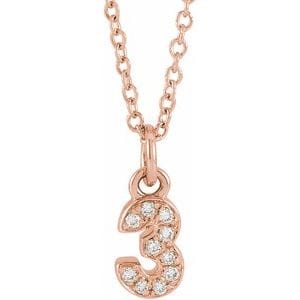 14K ROSE PETITE PAV����������� .04 CTW NATURAL DIAMOND NUMERAL 3 16-18" NECKLACE