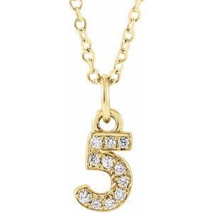 14K YELLOW PETITE PAV����������� .04 CTW NATURAL DIAMOND NUMERAL 5 16-18" NECKLACE