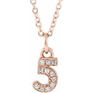 14K ROSE PETITE PAV����������� .04 CTW NATURAL DIAMOND NUMERAL 5 16-18" NECKLACE