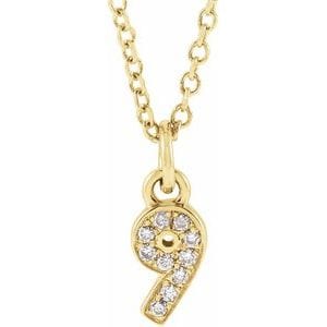 14K YELLOW PETITE PAV����������� .04 CTW NATURAL DIAMOND NUMERAL 9 16-18" NECKLACE