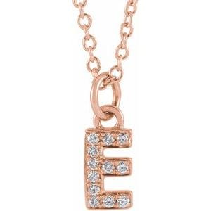 14K ROSE .04 CTW NATURAL DIAMOND PETITE INITIAL E 16-18" NECKLACE
