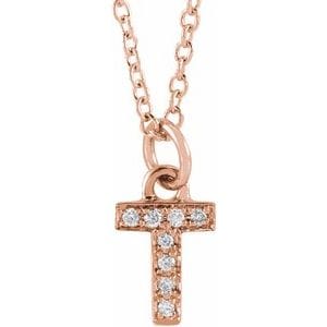 14K ROSE .03 CTW NATURAL DIAMOND PETITE INITIAL T 16-18" NECKLACE