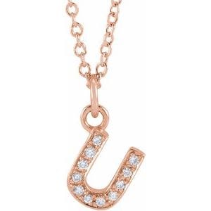 14K ROSE .04 CTW NATURAL DIAMOND PETITE INITIAL U 16-18" NECKLACE