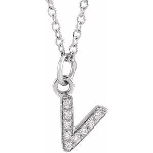 14K WHITE .03 CTW NATURAL DIAMOND PETITE INITIAL V 16-18" NECKLACE