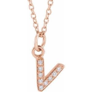 14K ROSE .03 CTW NATURAL DIAMOND PETITE INITIAL V 16-18" NECKLACE