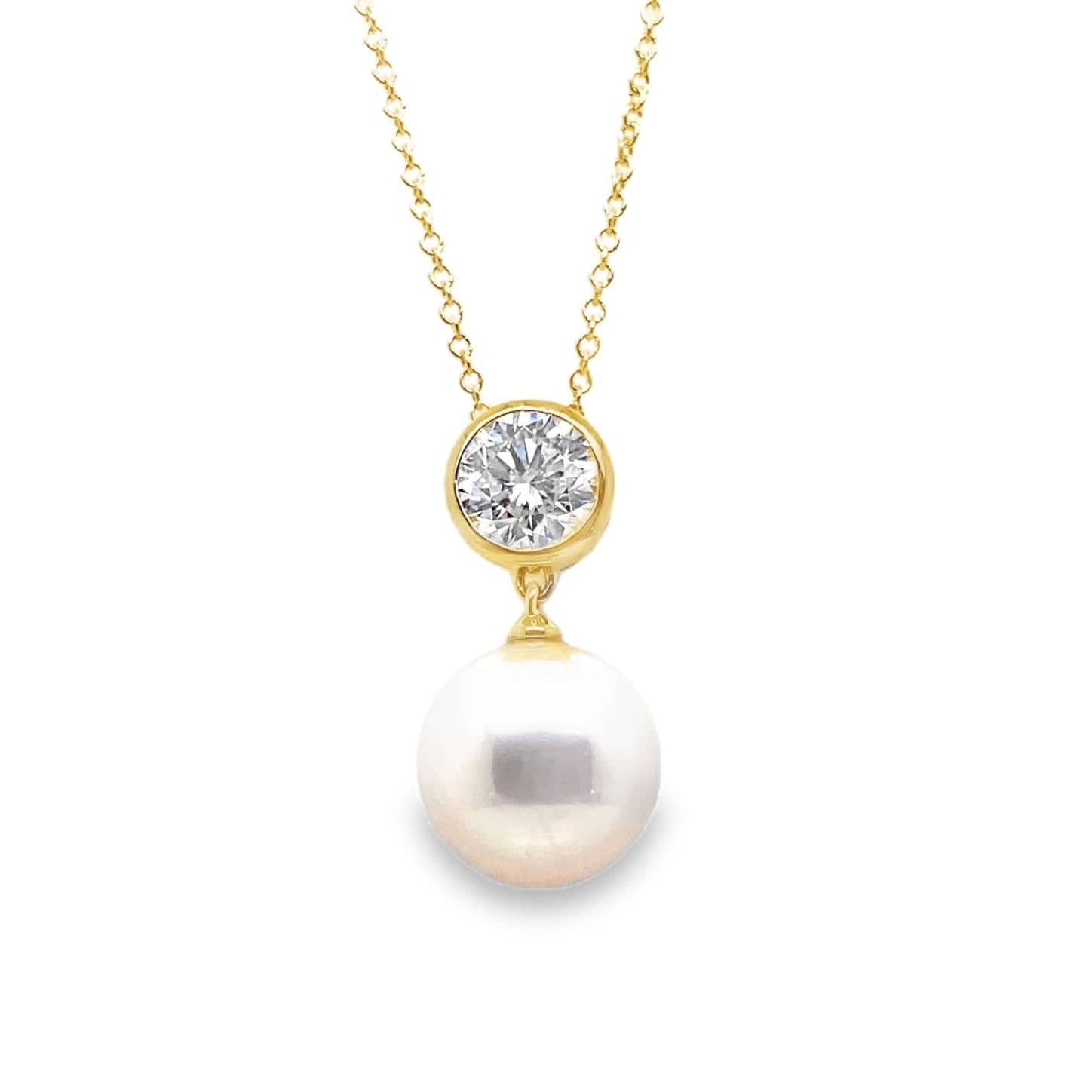 14K YELLOW GOLD 10.5-11 MM FRESHWATER PEARL .75 CT ROUND BRILLIANT LAB GROWN DIAMOND PENDANT WITH CHAIN