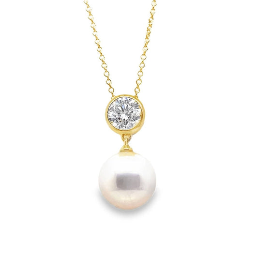 14K YELLOW GOLD 10.5-11 MM FRESHWATER PEARL .75 CT ROUND BRILLIANT LAB GROWN DIAMOND PENDANT WITH CHAIN
