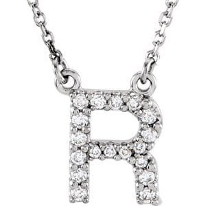 14K WHITE 1/8 CTW NATURAL DIAMOND INITIAL R 16" NECKLACE
