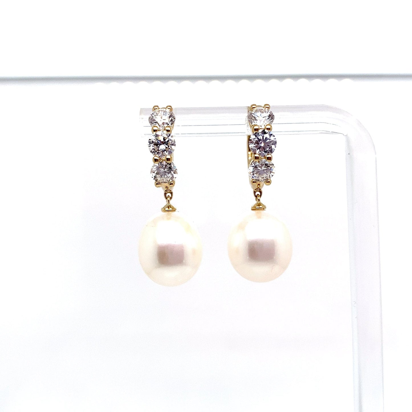 14K YELLOW GOLD 10.5-11 MM FRESHWATER PEARL 1.50 CT TW ROUND BRILLIANT LAB GROWN DIAMOND HOOP STYLE DANGLE EARRINGS