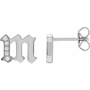 14K WHITE .03 CTW NATURAL DIAMOND GOTHIC INITIAL M EARRING