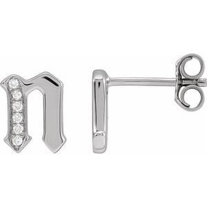 14K WHITE .03 CTW NATURAL DIAMOND GOTHIC INITIAL N EARRING