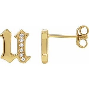 14K YELLOW .03 CTW NATURAL DIAMOND GOTHIC INITIAL U EARRING