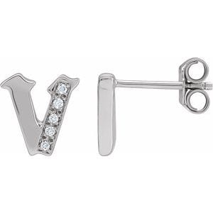 14K WHITE .025 CTW NATURAL DIAMOND GOTHIC INITIAL V EARRING