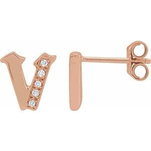 14K ROSE .025 CTW NATURAL DIAMOND GOTHIC INITIAL V EARRING