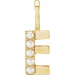 14K YELLOW CULTURED WHITE FRESHWATER PEARL INITIAL E CHARM/PENDANT