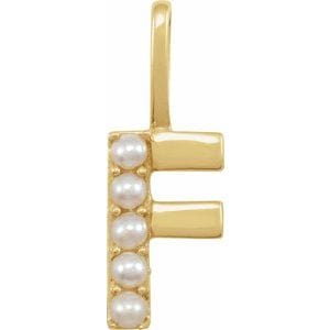 14K YELLOW CULTURED WHITE FRESHWATER PEARL INITIAL F CHARM/PENDANT